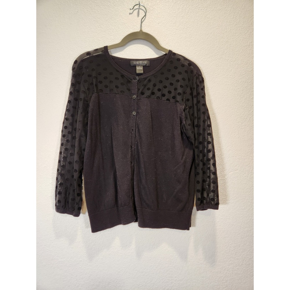 August Silk Heritage Black Polka Dot Mesh Sleeve Button Front Cardigan Womens M